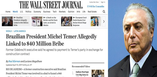 Wall Street Journal destaca propina de US$ 40 milhões para Michel Temer
