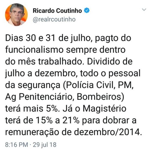 Ricardo Coutinho_postagem-pagamento de julho