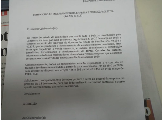Comunicado_demissão coletiva_Jornal Correio da Paraíba