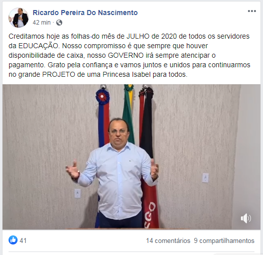 Ricardo Pereira_pagamento de jullho da Educação_rede social