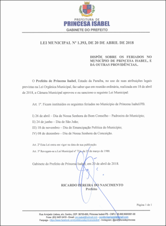 Lei Municipal dos Feriados-Prefeitura de Princesa Isabel